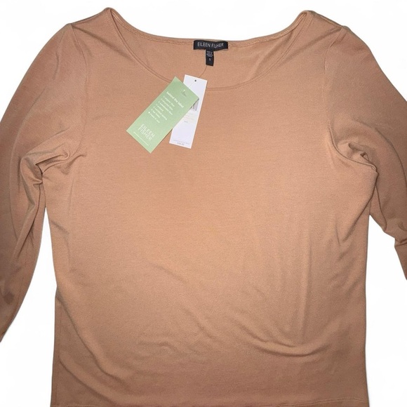 Eileen Fisher Ballet Neck 3/4 Sleeve Viscose Jersey Knit Top Camel Tan Sz S NWT - Picture 7 of 8